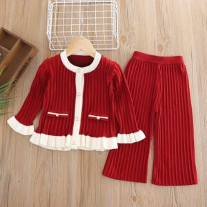 Kids Girls Autumn And Winter Knitted Color Block Stripe Long-Sleeve Coat Loose Pants Two-Piece Set