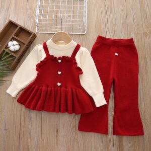 Kids Girls Fashion Autumn And Winter Knitted Splice Long-Sleeve Sweater Slim Fit Pants Two-Piece Set