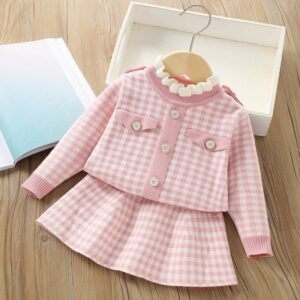 Kids Girls Fashion Elegant Knitted Plaid Long-Sleeve Sweater Skirts Two-Piece Set