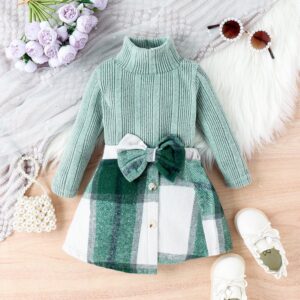 Autumn And Winter Girls Fashion Solid Color High Collar Long Sleeve Sweater Plaid Bow Skirt Two-Piece Set