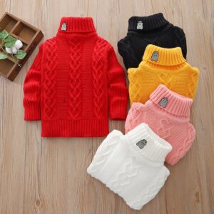 Children Fashion Solid Color Winter Warm High Neck Knitted Top Sweater