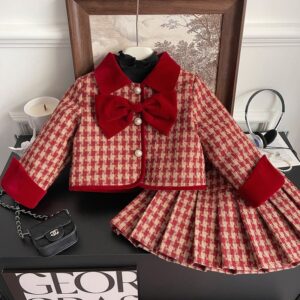 Kids Girls Fashion Winter Cotton Plaid Bowknot Long-Sleeve Coat Pleatd Skirts Two-Piece Set