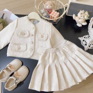 Kids Girl Autumn Fashion Elegant Plaid Pearl Decoration Long-Sleeve Coat Pleated Skirt Two-Piece Set