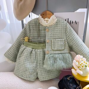 Kids Girls Fashion Winter Fleece-Lined Plush Stitching Plaid Long-Sleeve Coat Loose Shorts Two-Piece Set