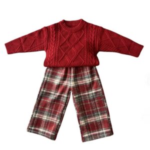Girls Fashion Autumn And Winter Red Long-Sleeve Sweater Plaid Pants Two-Piece Set