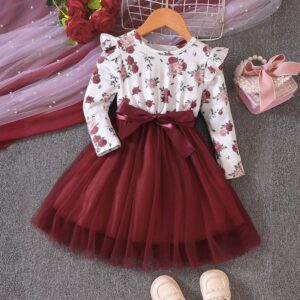Autumn And Winter Girls Fashion Long Sleeve Printed Mesh Dress