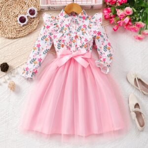 Autumn And Winter Girls Fashion Floral Printing Long Sleeve Mesh Dress