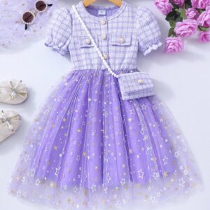 Girls Fashion Short Sleeve Plaid Printed Mesh Dress