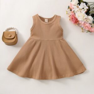 Girls Fashion Solid Color Sleeveless Round Neck Cotton Dress