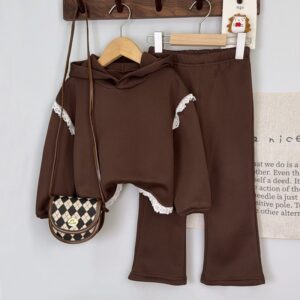 Autumn And Winter Girls Fashion Lace Hoodie And Pants Two-Piece Set