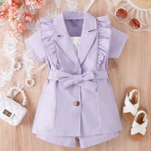 Kid Fashion Casual Ruffled Short Sleeve Jacket Suspender Shorts Three-Piece Set