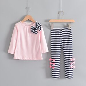 Children Kids Toddlers Girls Long Sleeve Bow Knott-Shirt And Pants 2pcs Set