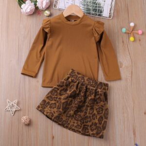 Girls Casual Solid Color Round Neck Stringy Selvedge Long Sleeve Top And Leopard Skirt Two-piece Set