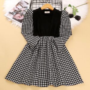 Girls Round Neck Long-sleeved Houndstooth Spliced Dress