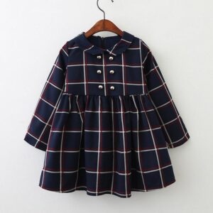 Girls Basic Lapel Long Sleeve Plaid Dress