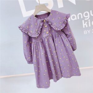 Girls Cute Doll Neck Small Yellow Flower All Over Print Comfortable Dress