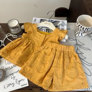 Girls Fashion Casual Solid Color Lace Hollow-Out Sleeveless Tank Top Thin Shorts Two-Piece Set