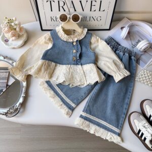 Girls Fashion Casual Long-Sleeve Blouse Denim Lace Splicing Sleeveless Tank Top Jeans Three-Piece Set