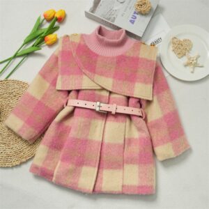 Girls Fashion Autumn And Winter Fleece-Lined Thickened Plaid Printed Coat Long-Sleeve Dress Two-Piece Set