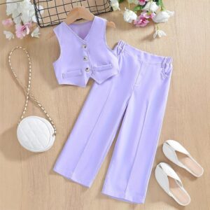 Girls Fashion Casual Solid Color V-Neck Tank Top Loose Pants Two-Piece Set