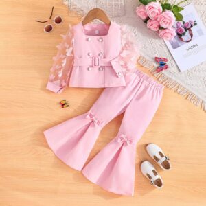 Girl Fashion Elegant Autumn Butterfly Mesh Long Sleeve Top Flare Bowknot Pants Two-Piece Set