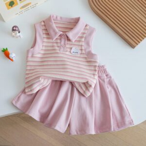Girl Fashion Cute Stripe Sleeveless Tank Top Pleated Shorts Two-Piece Set