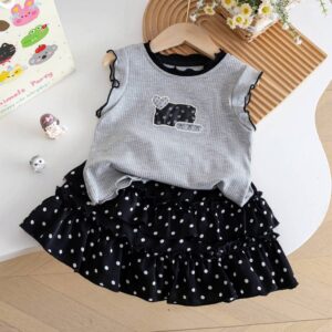 Girls Fashion Cute Sleeveless Tank Top Wave Point Skirt Two-Piece Set