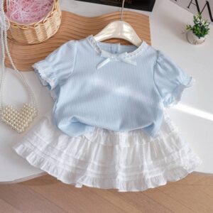 Girls Fashion Cotton Short-Sleeve T-Shirt Pleated Skirt Two-Piece Set