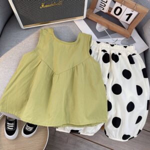 Kids Toddler Girls Casual Cute Solid Color Sleeveless Top Polka Dot Print Pants Set