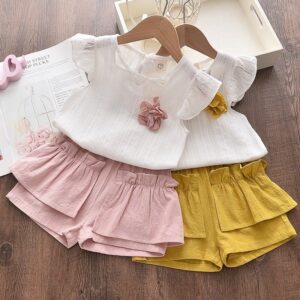Girl Fashion Casual Flower Decoration Short-Sleeve Thin T-Shirt Pleated Shorts Two-Piece Set