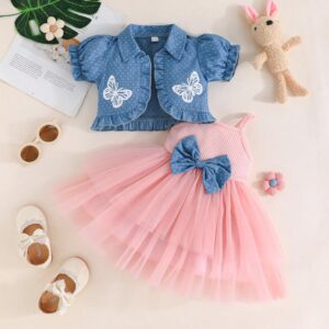 Girls Fashion Bow Coat And Gauze Dress Two-Piece Set