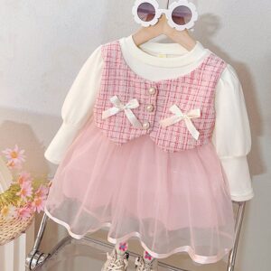 Girl Fashion Cute Mesh Splicing Long Sleeve Dress