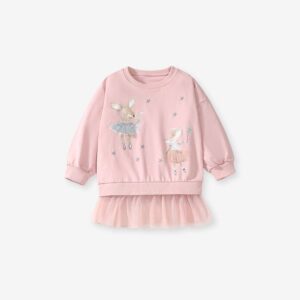 Girls Fashion Cute Cartoon Printed Long Sleeve Mesh Splicing Sweatshirt