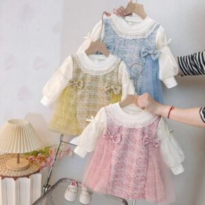 Girls Fashion Cute Mesh Splicing Bowknot Long-Sleeve Dress