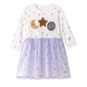 Girls Fashion Elegant Printed Mesh Splicing Long-Sleeve Dress