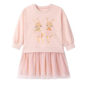 Girls Fashion Cartoon Printed Mesh Splicing Long-Sleeve Dress