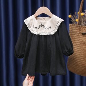 Girls Fashion Elegant Floral Embroidered Long-Sleeve Loose Dress