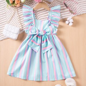 Girls Fashion Elegant Stripe Flying Sleeve Bowknot Dress