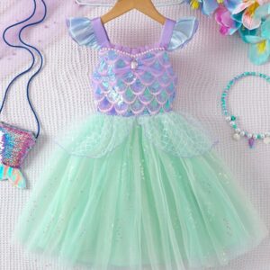 Girls Fashion Cute Flying Sleeve Mesh Sequin Mermaid Dress