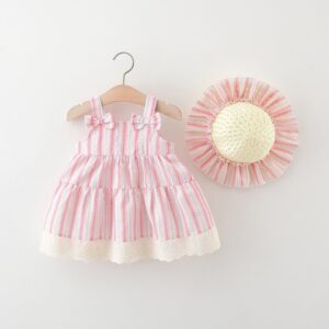 Girl Fashion Vertical Stripe Bowknot Sleeveless Dress Hat Set