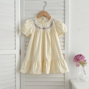 Girls Fashion Elegant Floral Embroidered Short Sleeve Dress