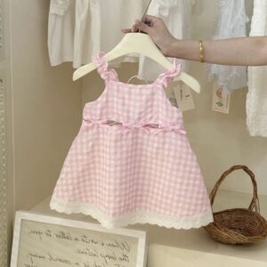 Girls Fashion Cute Plaid Lace Splicing Sleeveless Dress