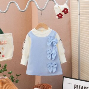 Girls Fashion Casual Splicing Bowknot Long-Sleeve Dress