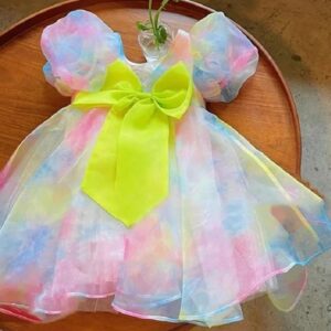 Girls Fashion Cute Rainbow Mesh Bowknot Puff Sleeve Dress