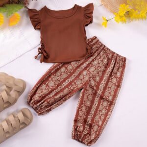 Girls Fashion Casual Solid Color Flying Sleeve T-Shirt Printed Pants Two-Piece Set