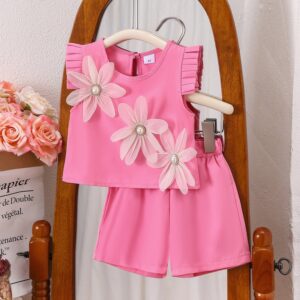 Girls Fashion Elegant Solid Color Floral Flying Sleeve Top Loose Shorts Two-Piece Set