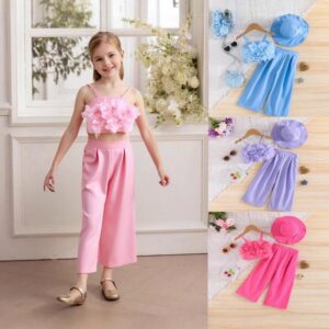 Girls Fashion Floral Strap Top And Trousers Hat 3-Piece Set