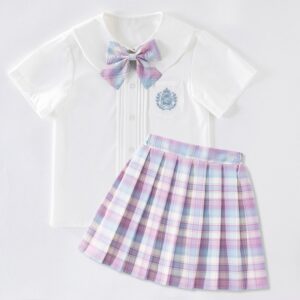 Girls Fashion Shirt And Check Print Pleated Skirt Two-Piece Set