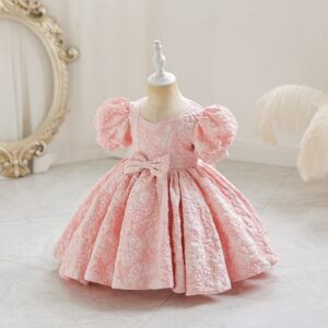 Girls Fashion Elegant Jacquard Puff Sleeve Loose Dress