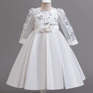 Girl Fashion Elegant Solid Color Flower Splicing Long-Sleeve Dress